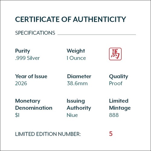 Niue 2026 YEAR of the HORSE $1 1 Troy Oz Pure Silver Proof—MINTAGE 888 - Bild 6 von 8