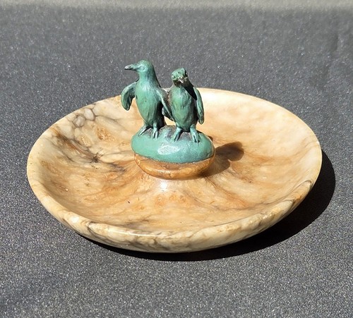 Vintage Marmor Alabaster Schale Metall Pinguine Kommode Pin Tablett Aschenbecher Bonboniere