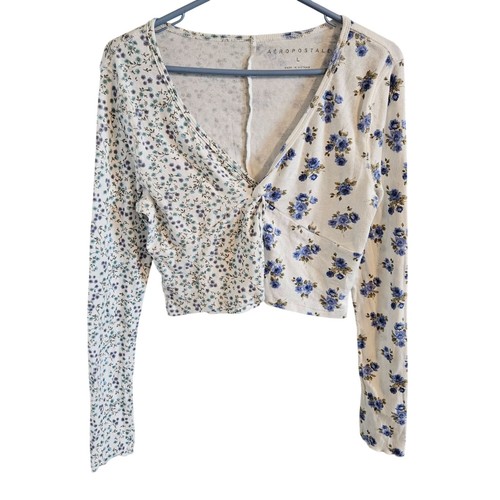 Aeropostale Damen Gr. L Langarm Crop Top Patchwork Print V-Ausschnitt Landhaus