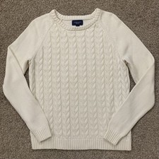 Lands End Drifter Sweater Womens Large Ivory Cable Knit Cotton Pullover Preppy