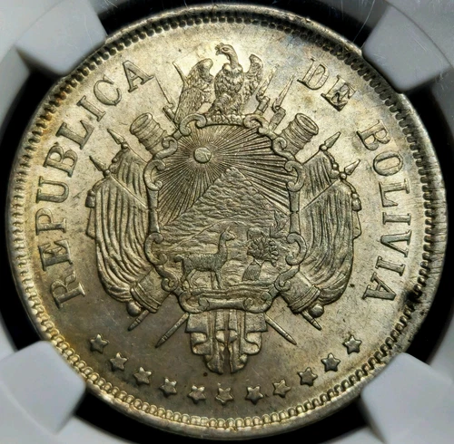 Boliviano 1870 PTS ER *11 Stars Coat of Arms Bolivia Republic MS61 NGC Very Rare