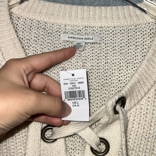 American Eagle Outfitters cremefarbener Strickpullover mit Schnürung neu mit Etikett Größe L - Bild 4 von 5