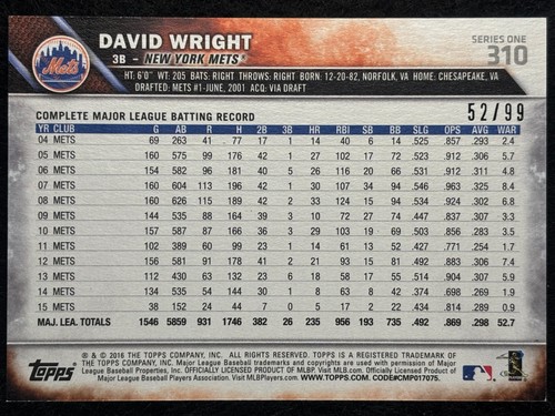 2016 Topps Series 1 - David Wright #310 Vintage Stock /99 - Picture 2 of 2