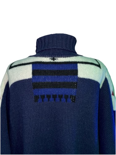SACAI LUCK BLUE RED WOOL NAVAHO HIGH NECK PONCHO LOOSE FIT SIZE L/XL - Picture 9 of 12