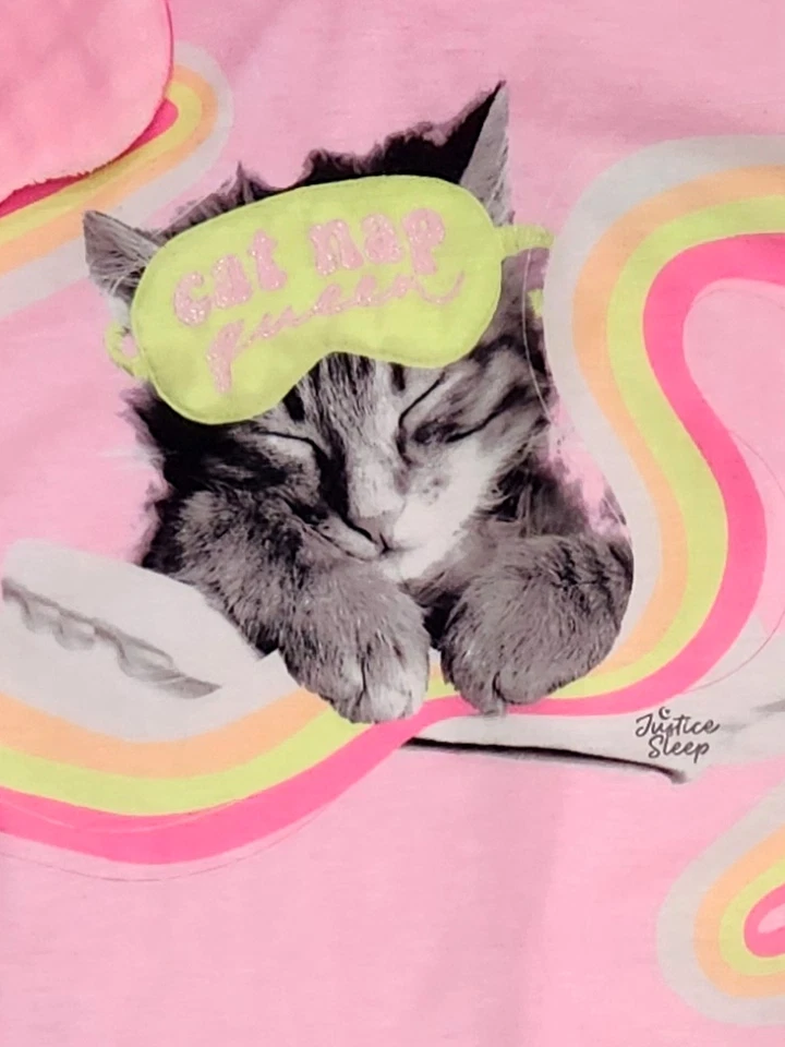 Conjunto de pijama camisa, joggers y máscara para dormir Justice Girls rosa gato siesta reina LP12-14 Foto 2 de 2