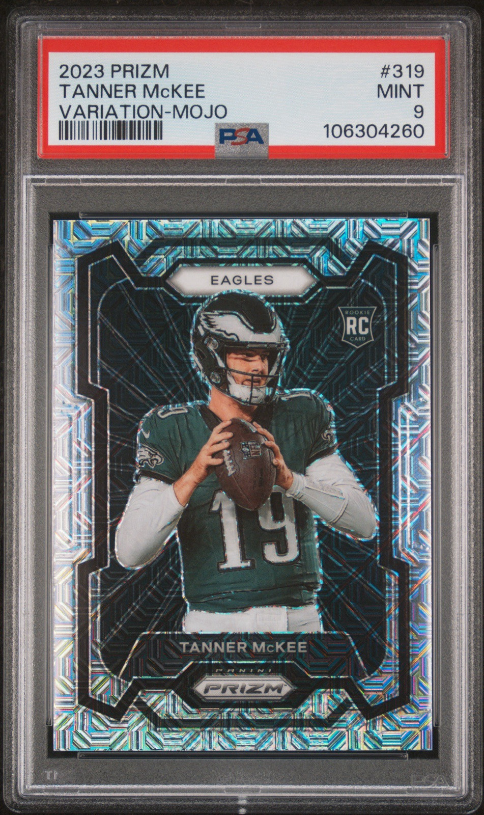 2023 Tanner McKee Prizm Variation Mojo SP /25 Eagles Rookie Jersey # #319 PSA 9