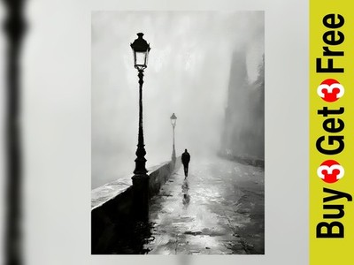 Foggy Street Walk 5''x7'' Druck auf mattem Papier | Atmosphärisches Noir Ölgemälde