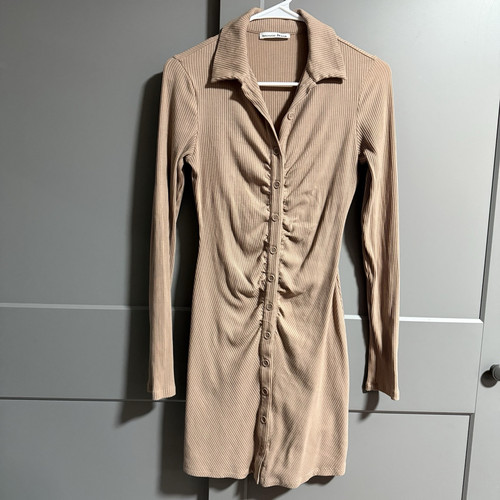 Reformation Stretchy Ribbed Army Collared Button Front Shirt Dress Brown Medium