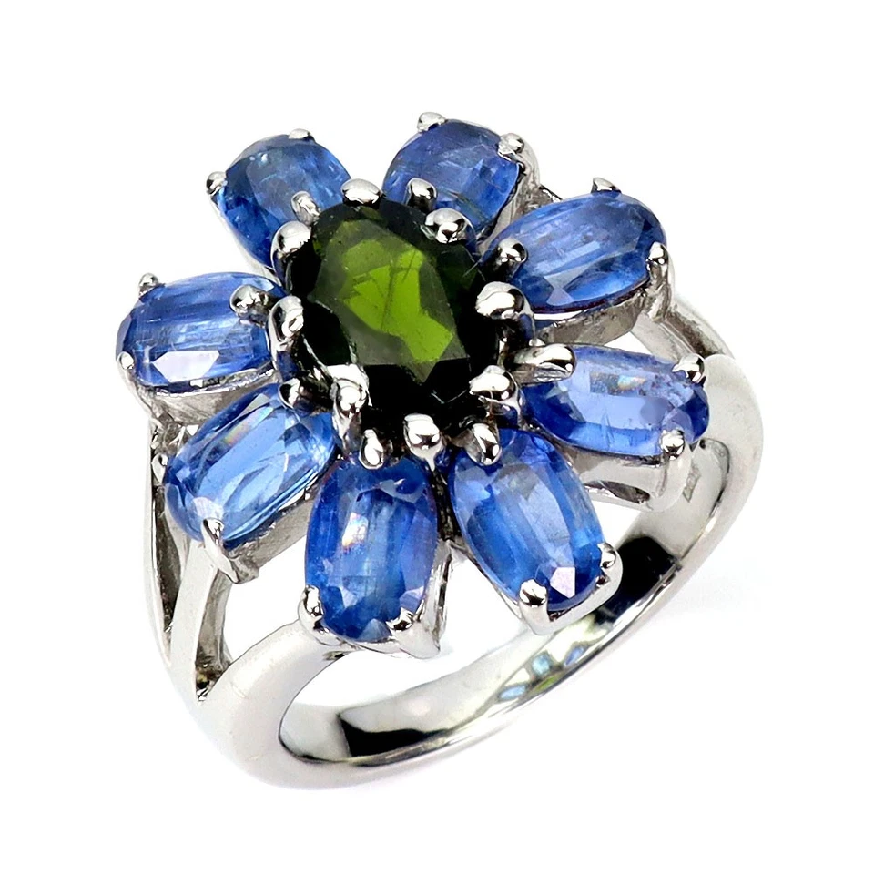 Anillo de plata de ley 925 ovalado cromo diopsido 8x6 mm cianita piedras preciosas tamaño 7 Foto 2 de 4