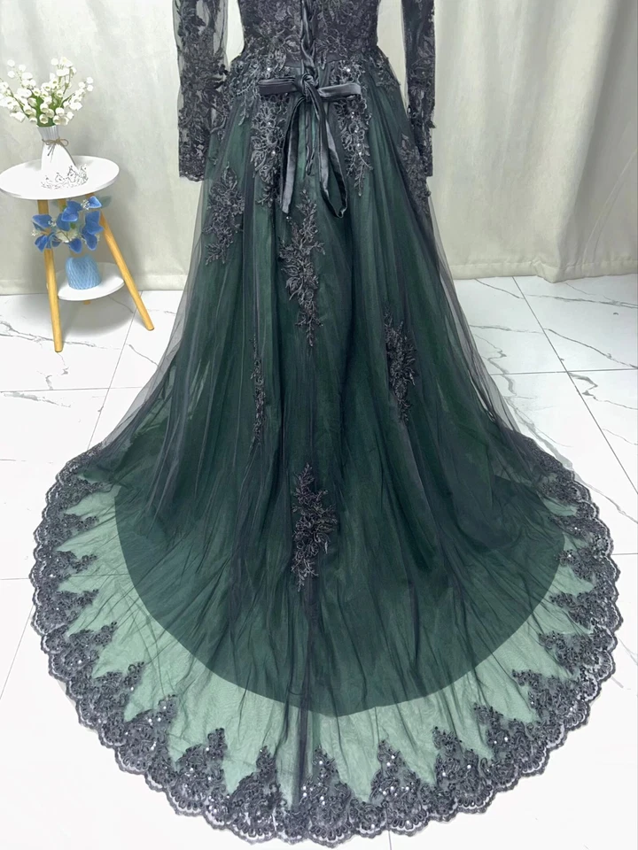 Vestidos de novia góticos negros manga larga cuello en V apliques de encaje línea A vestido de novia Foto 4 de 4