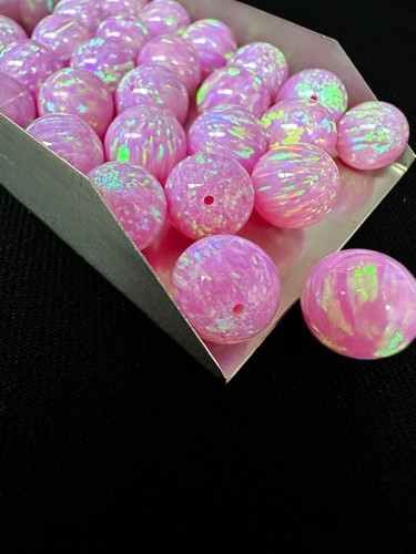 Half Drilled Light Pink Synthetic Lab Created Opal Round Beads - Picture 3 of 4