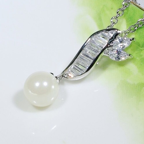 P1048 Weiß Gelbgold vergoldet Damen Modeschmuck Halskette Perle CZ Anhänger - Bild 5 von 7