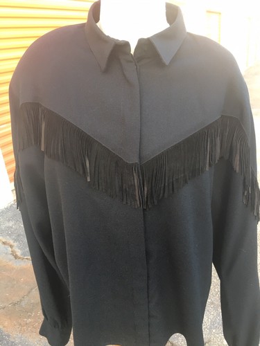 Vintage Francesca of Damon 4 Starington 100% Wool L/S Black Blouse SZ 16 Fringe - Picture 2 of 5