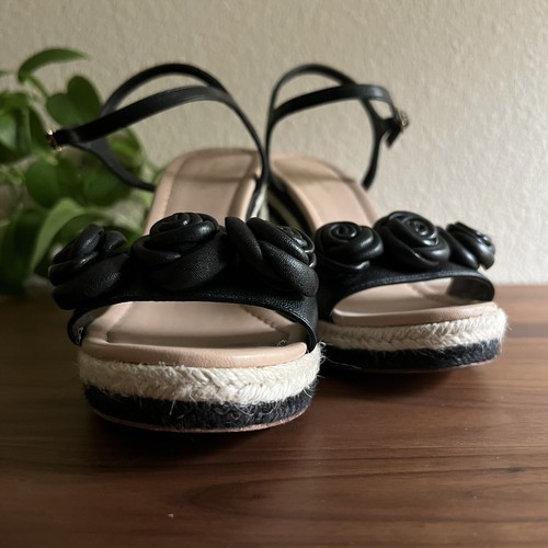 Kate Spade New York Jill Rosette Black Cream Espadrille Platform Wedge Sandals - Picture 7 of 15