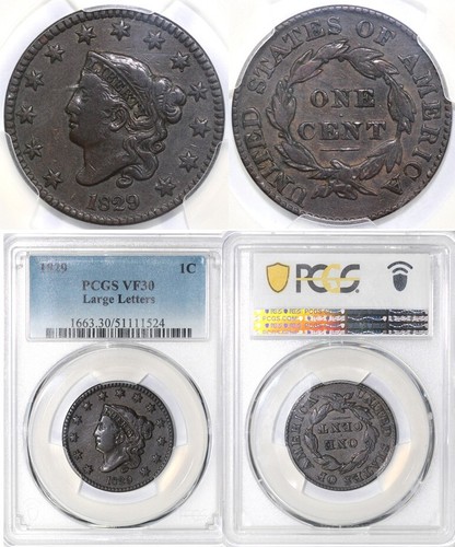 1829 1c Large Letters N-2 Coronet or Matron Head Large Cent PCGS VF 30 - Picture 5 of 5