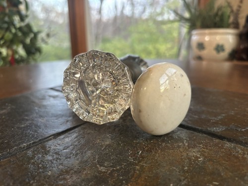 ANTIQUE White Porcelain & Crystal Door Knob Sets 4 Knobs Architectural Salvage - Picture 13 of 13