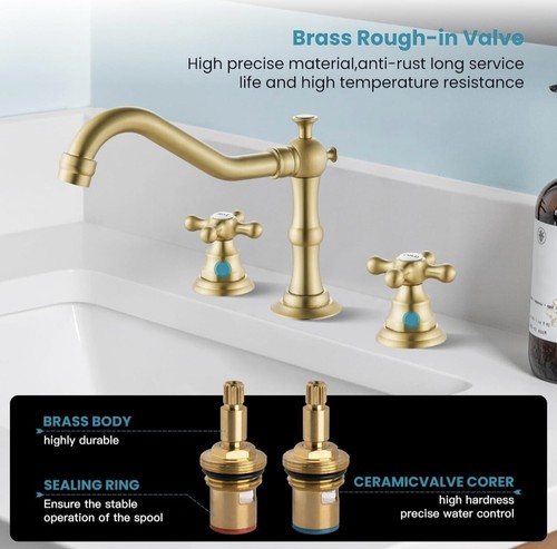 Bathroom Sink Faucet Widespread Double Cross Knobs Brushed Gold 3 Hole Mixing - Imagen 8 de 9