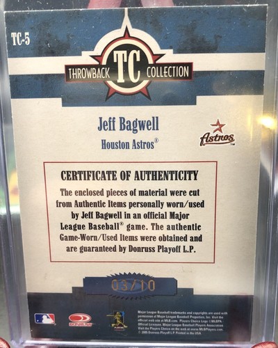 2005 DONRUSS THREADS THROWBACK COLLECTION JEFF BAGWELL /10 Auto Patch ASTROS - Picture 2 of 3