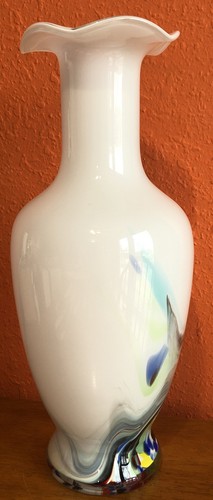 13 3/4” White & Multicolored Hand-Blown Vase High Quality Heavy Glass Ruffled - Picture 2 of 12