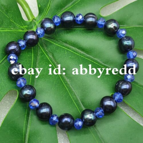 9-10 mm noir perle naturelle d'eau douce et 4 x 6 mm bracelet en cristal à facettes bleues 7,5" - Photo 1/3