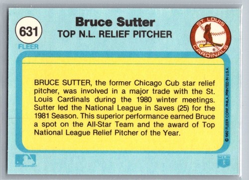 1982 Fleer Top NL Relief Pitcher Bruce Sutter #631 - Picture 2 of 2