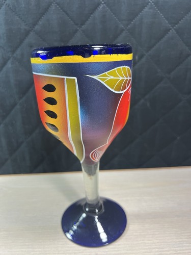 Mexican Hand Painted Hand Blown Wine Goblets Cobalt Blue Fruit Motif - Set of 2 - Picture 4 of 17