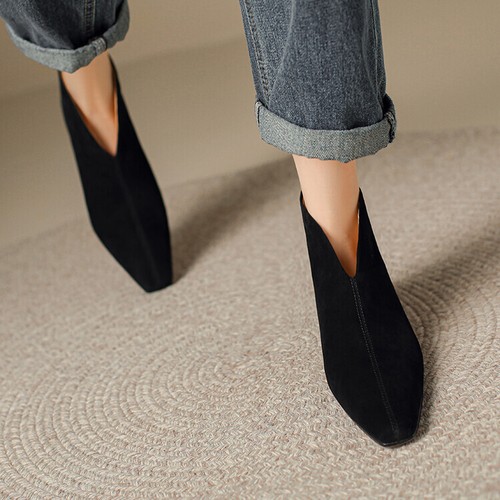 Para mujeres Chic Gamuza Cuero Puntera Cuadrada Corte en V Tacón Bajo Cremallera Botines Zapatos - Imagen 5 de 26