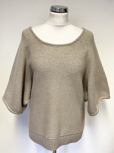 LINEA WEEKEND BEIGE SCOOP NECK SHORT BATWING SLEEVED CHUNKY KNIT JUMPER SIZE L - Picture 1 of 4