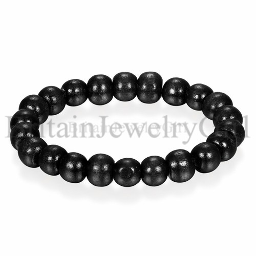 10mm Black Brown Wooden Beaded Mala Bracelet Elastic Bangle for Men and Women - Picture 2 of 15
