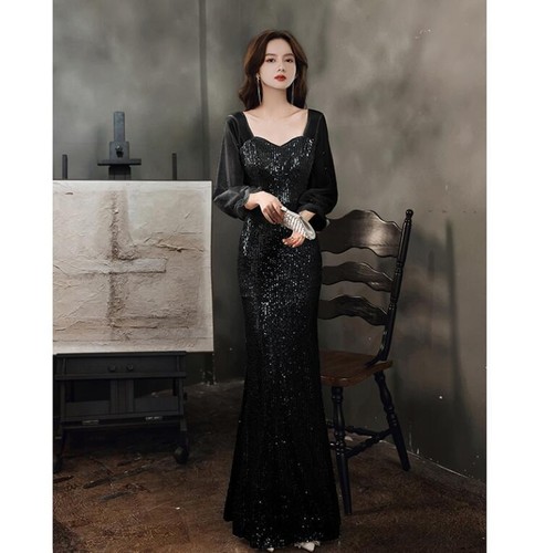 Damen hübsches Kleid quadratischer Ausschnitt Langarm Pailletten Abend Meerjungfrau Cocktail 044 - Bild 7 von 15