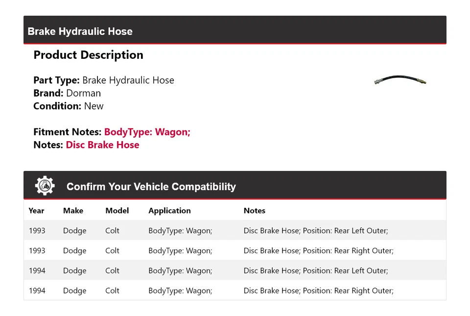 For 1993-1994 Dodge Colt Wagon Dorman Brake Hydraulic Hose - Image 2 of 4