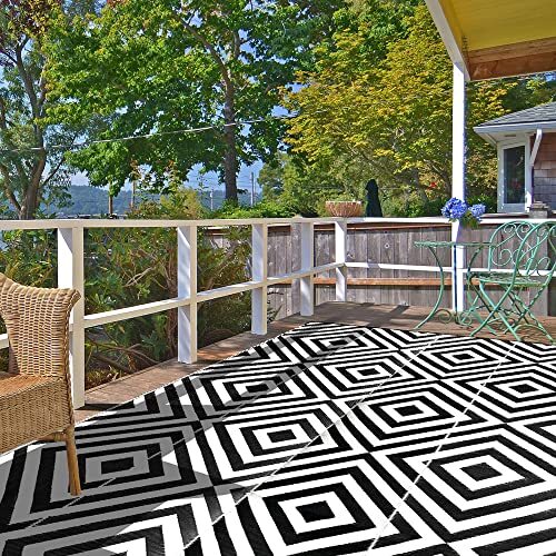 Plastic Straw Rug,Patio Rugs RV Camping Rug Reversible 6'x9' Black White/Black - Picture 7 of 8