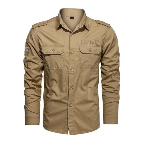 Hot Men's Military Shirts Slim Long Sleeve Pockets Army Cotton Casual Shirts Top - Picture 14 of 21