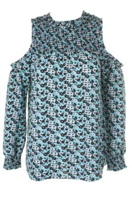 Michael Michael Kors Blue Black Smocked Cold-Shoulder Floral Top  S
