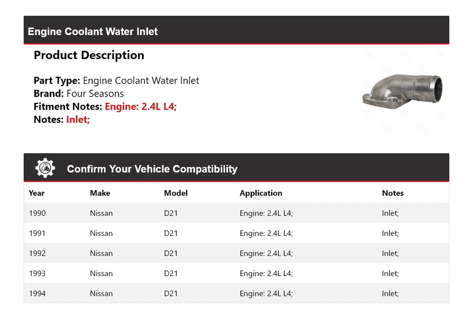 Entrada de agua refrigerante motor L4 2,4 L 1990-1994 Nissan D21 4 estaciones 1991 1992 Foto 2 de 4