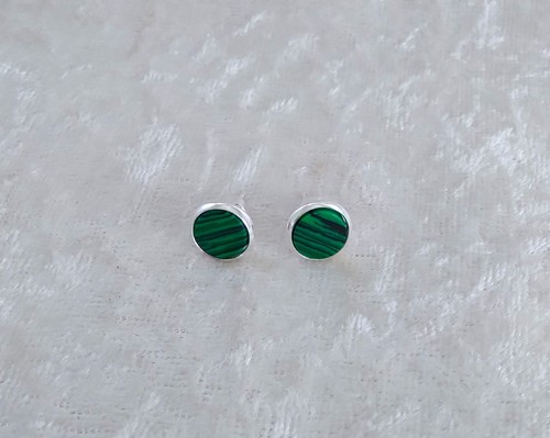 Lovely Malachite 8 mm , Silver Plated Stud Earrings. Handmade In Gift Bag - Picture 2 of 5