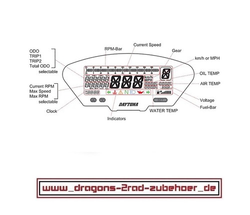DAYTONA DEVA01 Instrument Cockpit Tacho + Kontrollleuchten + Ganganzeige DEVA 01 - Bild 4 von 4
