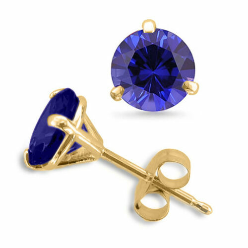14K YELLOW GOLD 6MM ROUND MARTINI SETTING BLUE SAPPHIRE STUD EARRINGS - Picture 1 of 2