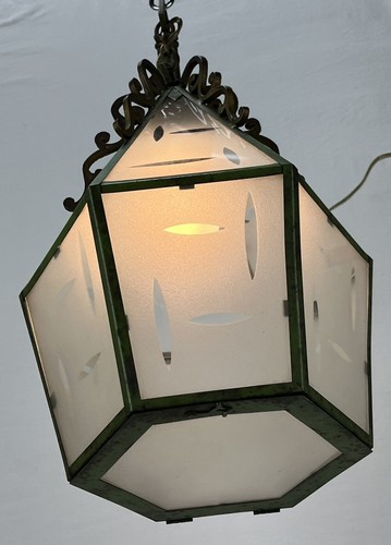 Vintage Art Deco Green Painted Glass Pendant Ceiling Light Fixture Chandelier - Picture 19 of 24