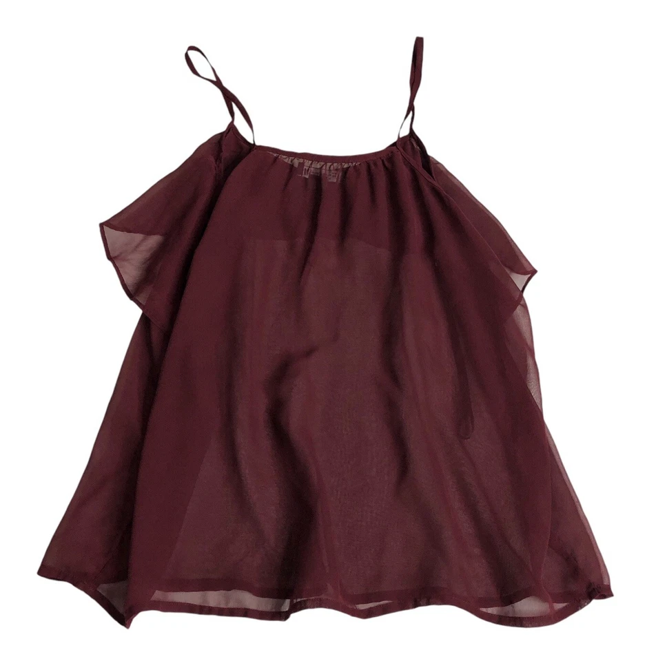 Camiseta sin mangas Y2K Forever 21 Junior L Borgoña Transparente Volantes Botón Cami Babydoll Boho Foto 2 de 4