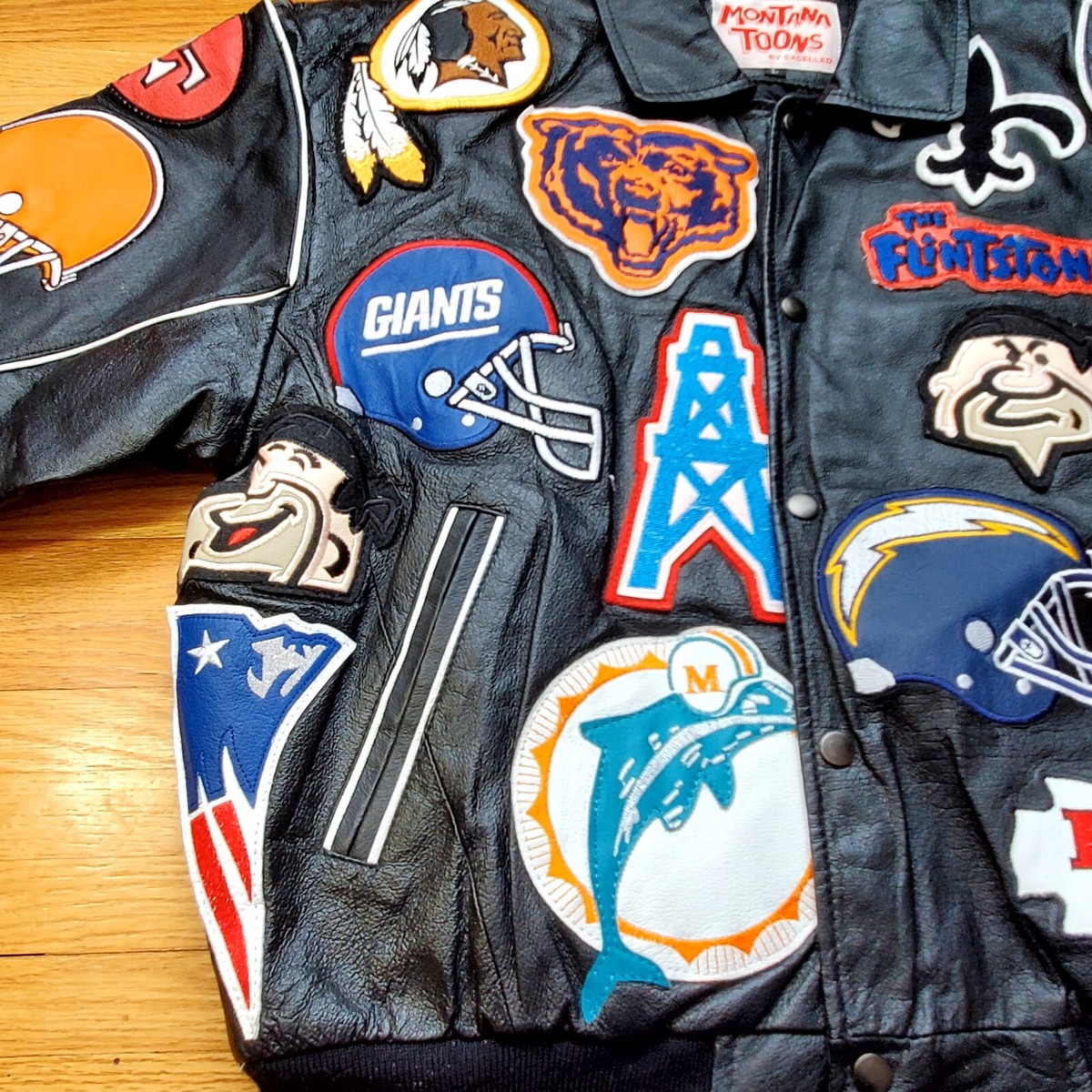Rare Vintage 90's Montana Toons Flinstones NFL Logo Leather Jacket Black Size L