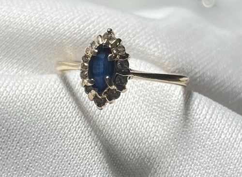 14kt. Marquise Cut Sapphire Surrounded By 10 Small Diamonds, Size 6 1/2 - Picture 2 of 8