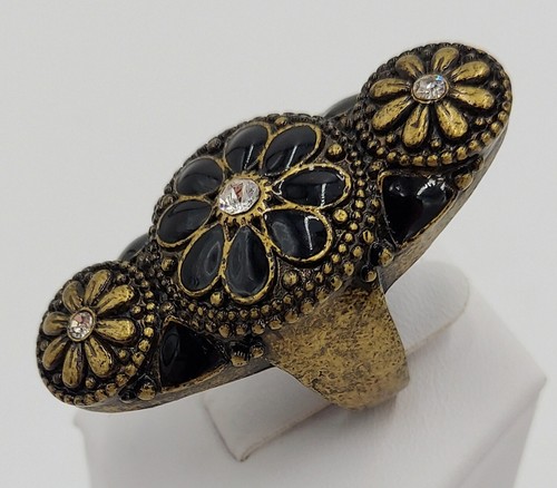 Vintage Statement Ring Black Enamel Flowers Chunky Funky Full Finger Boho Size 7 - Picture 2 of 8