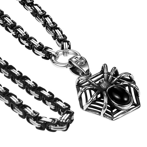 Men's Halloween Gothic Black Spider Pendant Necklace Byzantine Steel Chain 24'' - Bild 7 von 8