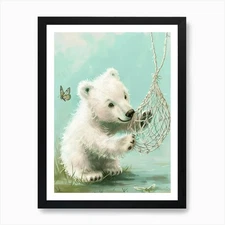 Polar Bear Cub Playing With A Butte Framed Wall Art Poster Canvas Print Picture