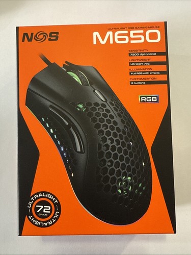 NOS Ultralight RGB Gaming Mouse M650 - 7200 DPI Optical - 72g - BOXED Black - Picture 1 of 2
