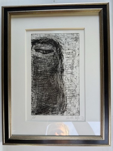 Signiert Unbekannt Artist Proof Gerahmt Dunkle Kunst Radierung Druck Figurativ Mid Century