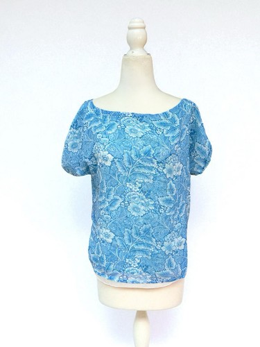 Vintage 1960s Top Reversible Shirt Blue Flip Green Floral Lightweight Cotton 44” - Picture 1 of 8