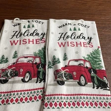NWT ~Two Xmas Kitchen Towels~ Warm & Cozy Holiday Wishes~ Truck Dog~ 14 x 24”