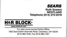 H&R Block Columbus Ohio Vintage Business Card #3 Sears Sowers Westland